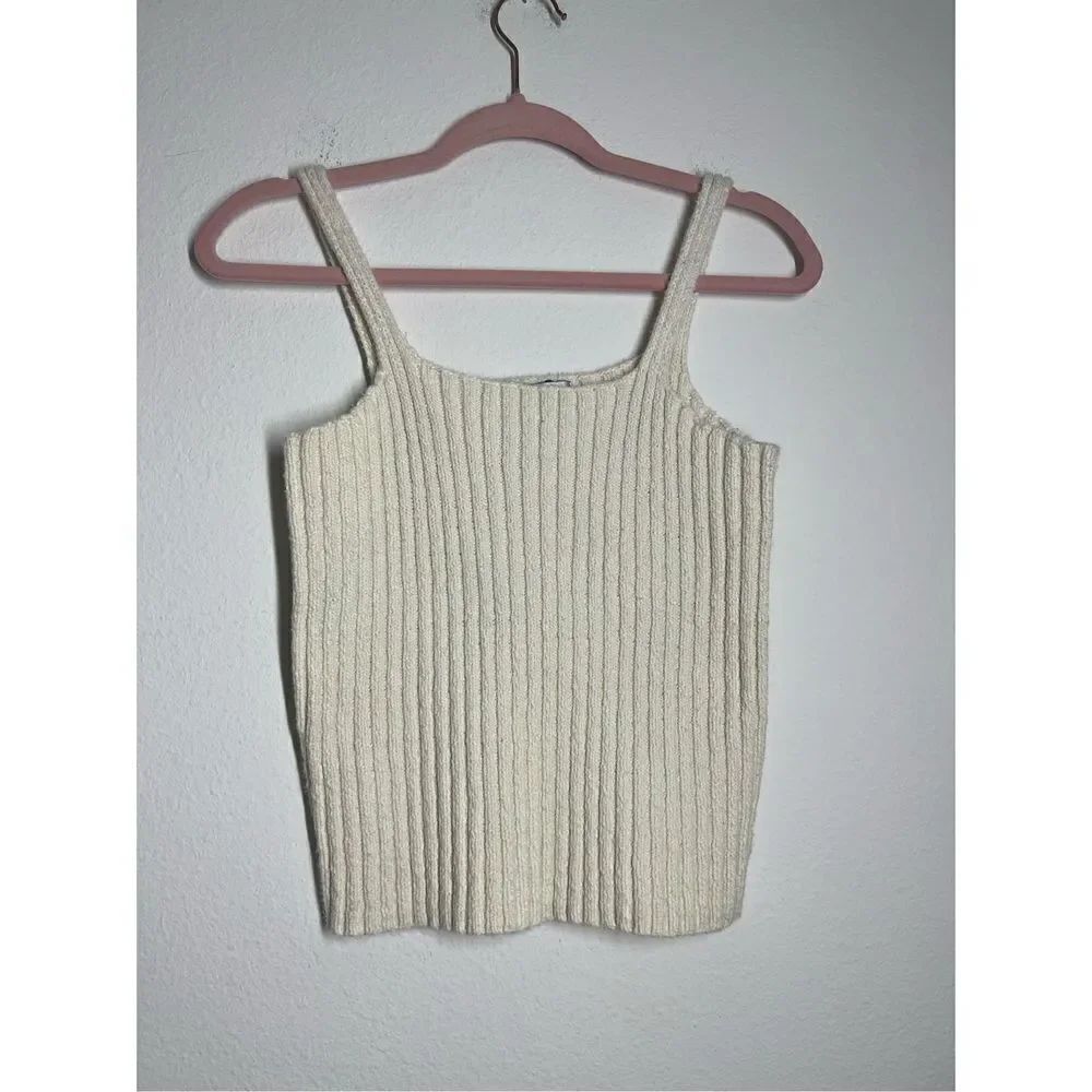 Nine West Ribbed Beige Crop top Cotton Size L Tank top Knitted
